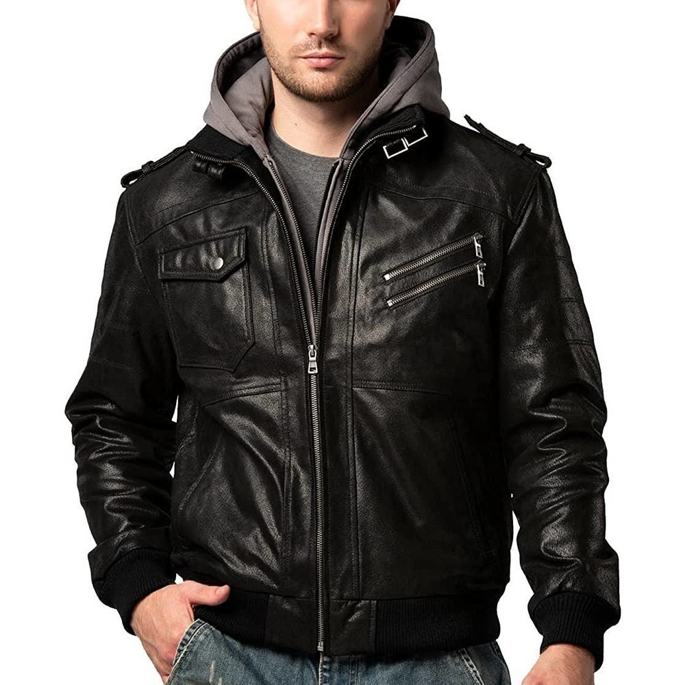 FLAVOR Men Leather Motorcycle Jacket with Removable Hood, Size XL​​​​​​​​​​